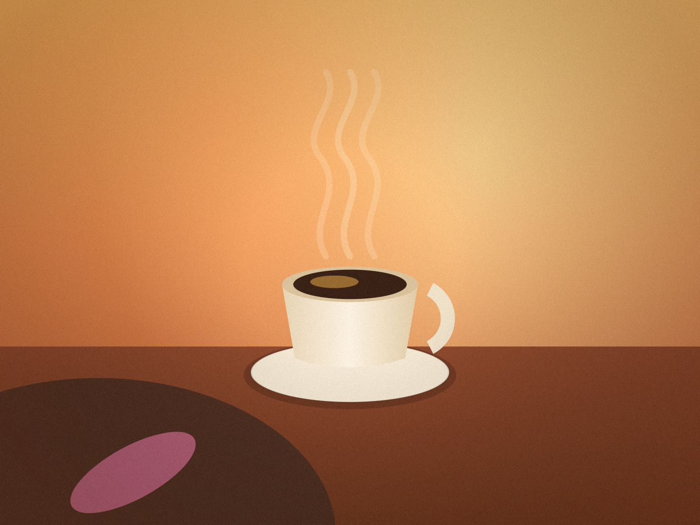 A warm golden-hour scene: a charming character serves you a steaming cup of coffee across a wooden table